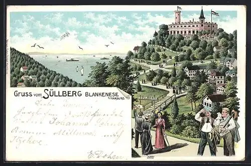 Lithographie Hamburg-Blankenese, Restaurant Süllberg, Ausflügler