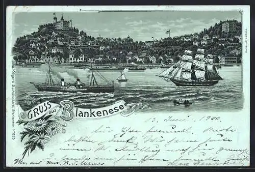 Mondschein-Lithographie Hamburg-Blankenese, Küstenpanorama mit Raddampfer und Segelschiff