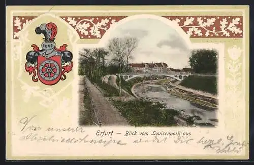 Passepartout-Lithographie Erfurt, Blick vom Louisenpark aus, Ortswappen im Passepartout