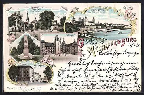 Lithographie Aschaffenburg, Panoramaansicht, Schlosshof, Alte Kaserne