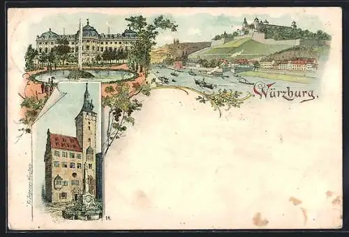 Lithographie Würzburg, Residenzschloss, Festung, Rathaus