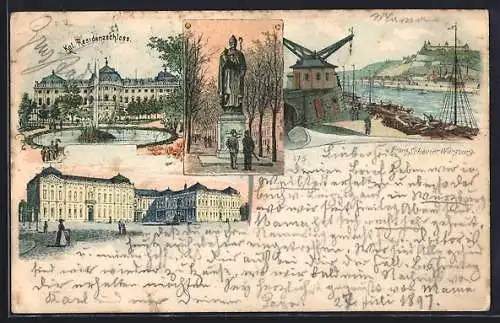 Lithographie Würzburg, Kgl. Residenzschloss, alter Kran, Schloss