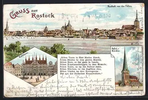 Lithographie Rostock, Ortsansicht von der Fähre aus, Rathaus, Petrikirche