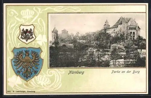 Passepartout-Lithographie Nürnberg, Ortsansicht mit Burg, Stadtwappen