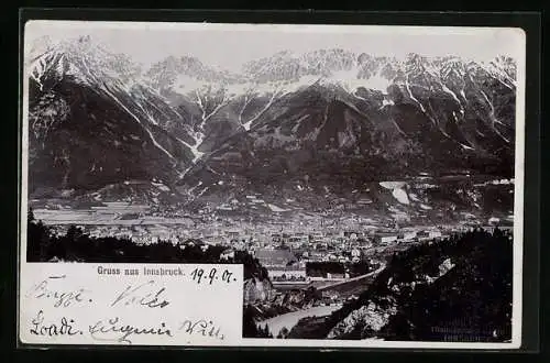 Foto-AK Fritz Gratl: Innsbruck, Stadtpanorama gegen verschneite Gipfel