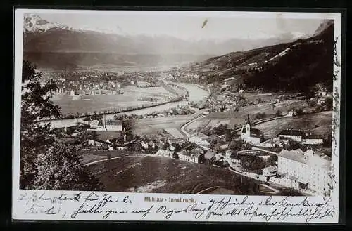 Foto-AK Fritz Gratl: Innsbruck, Mühlau, Flusspartie aus der Vogelschau