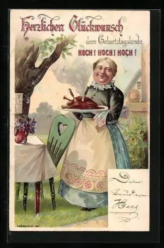 Lithographie Kellnerin mit einem Hühnerbraten, Geburtstagskarte