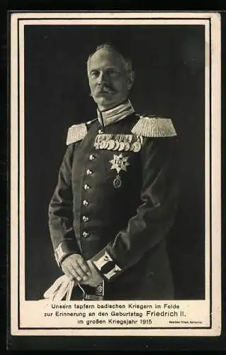 AK Friedrich II. von Baden in Uniform mit Epauletten, z. Erinnerung an Geburtstag