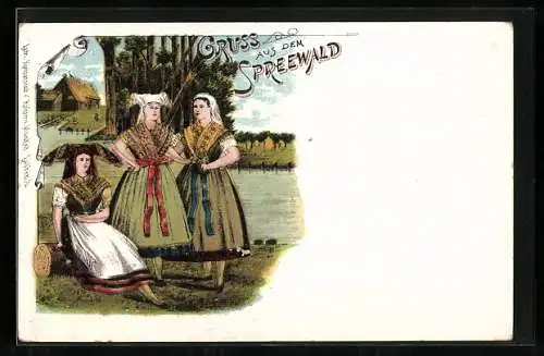 Künstler-AK Spreewald, Frauen in Spreewälder Tracht