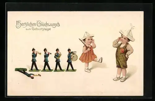 AK Geburtstagskarte, Zwei Kinder spielen mit Zinnsoldaten