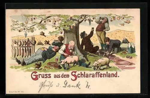 Lithographie Herren im Schlaraffenland, Übergewicht