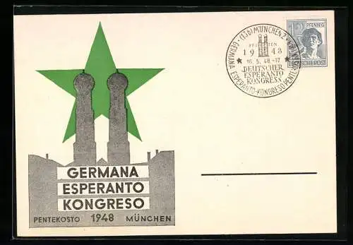 AK München, Germana Esperanto Kongreso 1948, Frauenkirche und grüner Stern