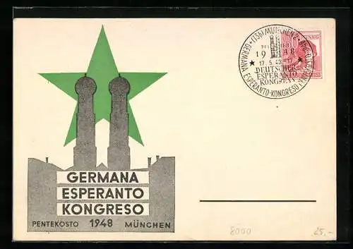 AK München, Germana Esperanto Kongreso 1948, Frauenkirche und grüner Stern