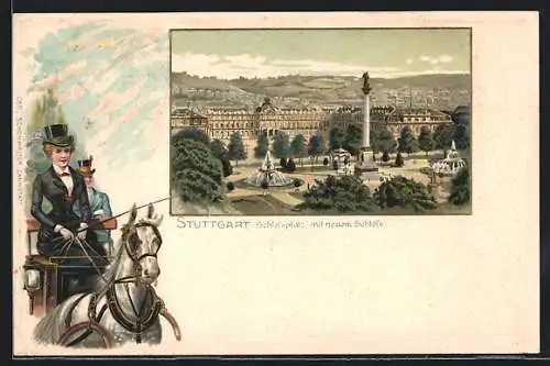 Passepartout-Lithographie Stuttgart, Schlossplatz mit neuem Schloss, Frau im Pferdewagen