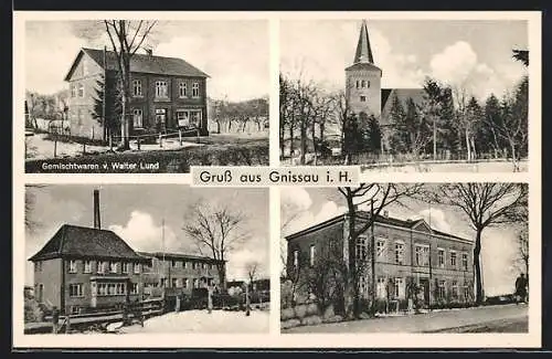 AK Gnissau, Gemischtwaren v. Walter Lund, Kirche