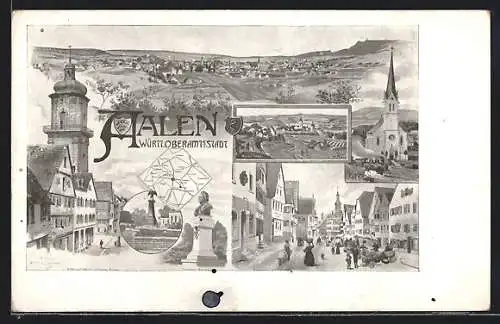 Lithographie Aalen, Ortsansicht, Kirche, Strassenpartie