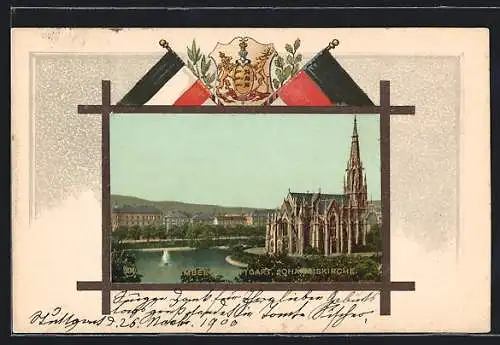 Lithographie Stuttgart /Württemberg, Johanniskirche, Wappen, Passepartout