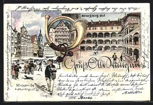 Lithographie Stuttgart, Altes Schloss, Gasthaus an der Post & Kirchstrasse mit Marktplatz