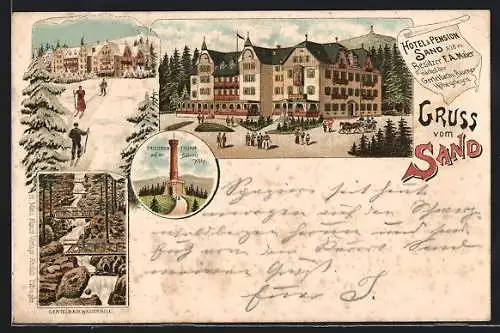 Lithographie Bühl / Baden, Hotel und Pension Sand, Friedrichthurm auf der Badener Höhe