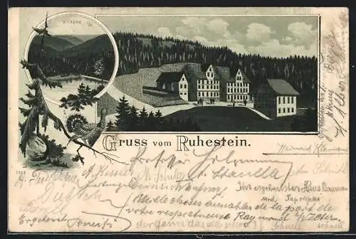 Lithographie Ruhestein, Gasthof Ruhestein, Wildsee