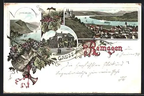 Lithographie Remagen, Erpeler Ley, Chateau-Concordia, Ortsansicht