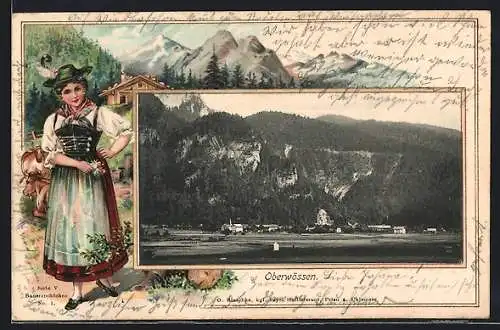 Passepartout-Lithographie Oberwössen, Panorama, Bäuerin in Tracht mit Rindern