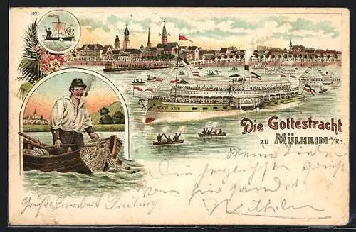 Lithographie Mülheim a. Rh., Gottestracht mit Dampfer Stadt Köln, Fischer im Boot, Segelschiff