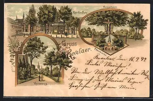 Lithographie Kevelaer, Kapellen-Platz, Kreuzbaum, Pfarrkirche