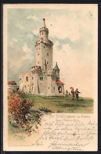 Lithographie Feldberg / Taunus, Der Feldbergturm mit Besuchern