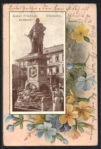 AK Wiesbaden, Kaiser-Friedrich-Denkmal im Blumen-Passepartout