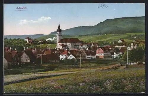 AK Aalen, Ortsansicht mit Kirche und Bergpanorma, Blumenwiese