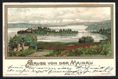 Künstler-AK K. Mutter: Insel Mainau, Wegpartie mit Blick zur Insel