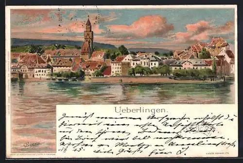 Künstler-AK C.Biese: Überlingen / Bodensee, Ortspartie im Abendrot