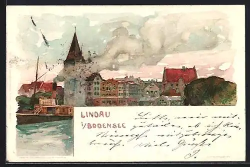 Künstler-AK Fritz Voellmy: Lindau, Teilansicht mit Dampfer