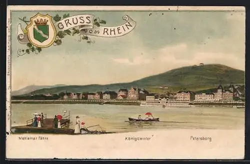 Lithographie Königswinter, Mehlemer Fähre mit Ortspanorama und Petersberg, Wappen