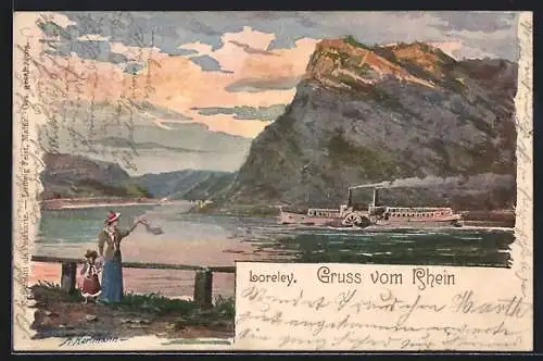 Lithographie Rheinpartie mit Dampfer vor der Loreley