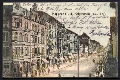 AK Karlsruhe i. B., Kaiserstrasse, Östlicher Teil aus der Vogelschau