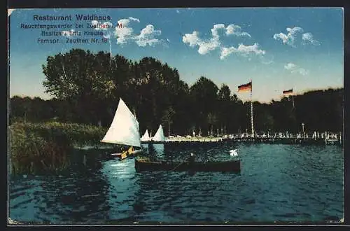 AK Berlin-Rauchfangswerder /Zeuthen, Restaurant Waldhaus F. Krause, Bootslandeplatz vom Wasser aus