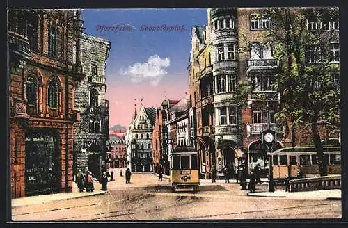 AK Pforzheim, Strassenbahn auf dem Leopoldsplatz