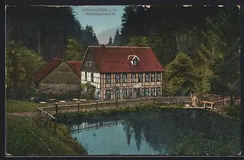 AK Hohegeiss i. H., Wolfsbachmühle mit Teich aus der Vogelschau