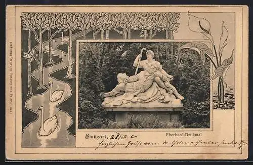 AK Stuttgart, Das Eberharddenkmal, florales Jugendstil-Passepartout