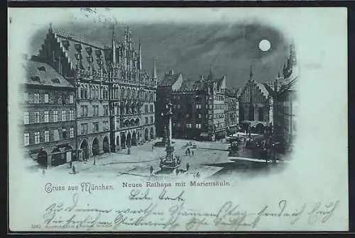 Mondschein-AK München, Neues Rathaus mit Mariensäule