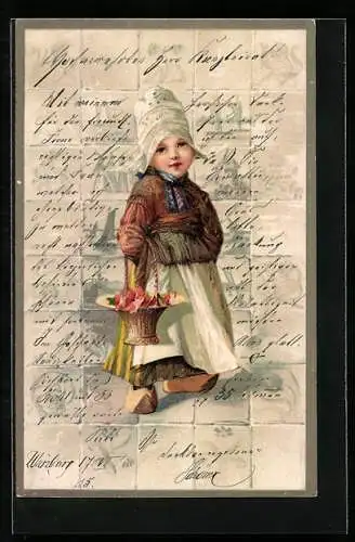 Lithographie Kleine Niederländerin mit Blumenkorb