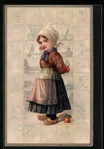 AK Niederländisches Mädchen mit Holzschuhen und weisser Haube vor Fliesenmuster