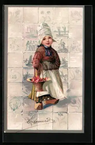 Lithographie Kleine Niederländerin mit Blumenkorb