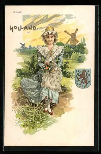 Lithographie Holländerin mit Blumenstrauss vor einer Windmühle, Wappen