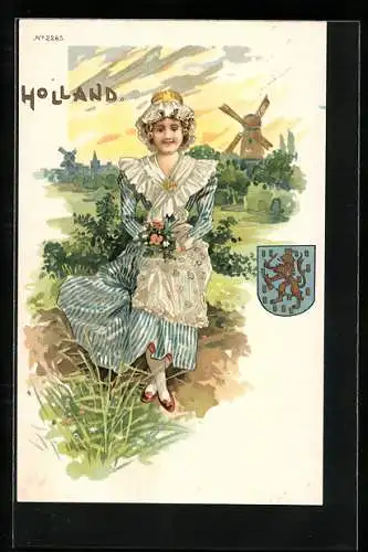 Lithographie Holland, Fräulein in Tracht und Wappen