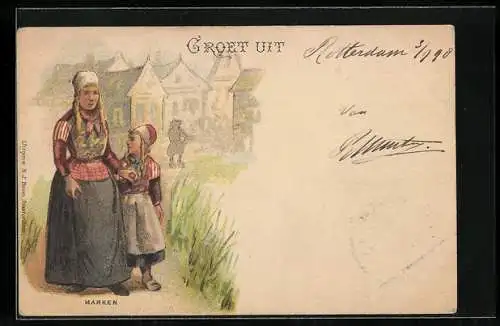 Lithographie Marken, Frau und Kind in niederländischen Trachten