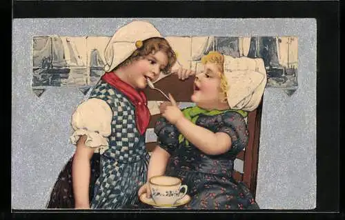 AK Zwei Kinder mit Tasse in niederländischer Tracht