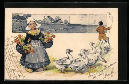 AK Mädchen in niederländischer Tracht mit zwei Körben voller Tulpen hinter Gänsen